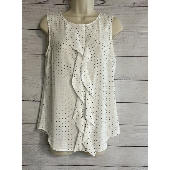 LOFT factory Tops - Loft Factory Cream With Black And Pink Dots Ruffle Front Small Women’s Blouse